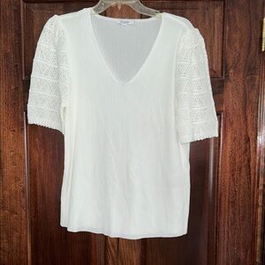 Chico's White V-Neck Blouse with Lace Sleeves